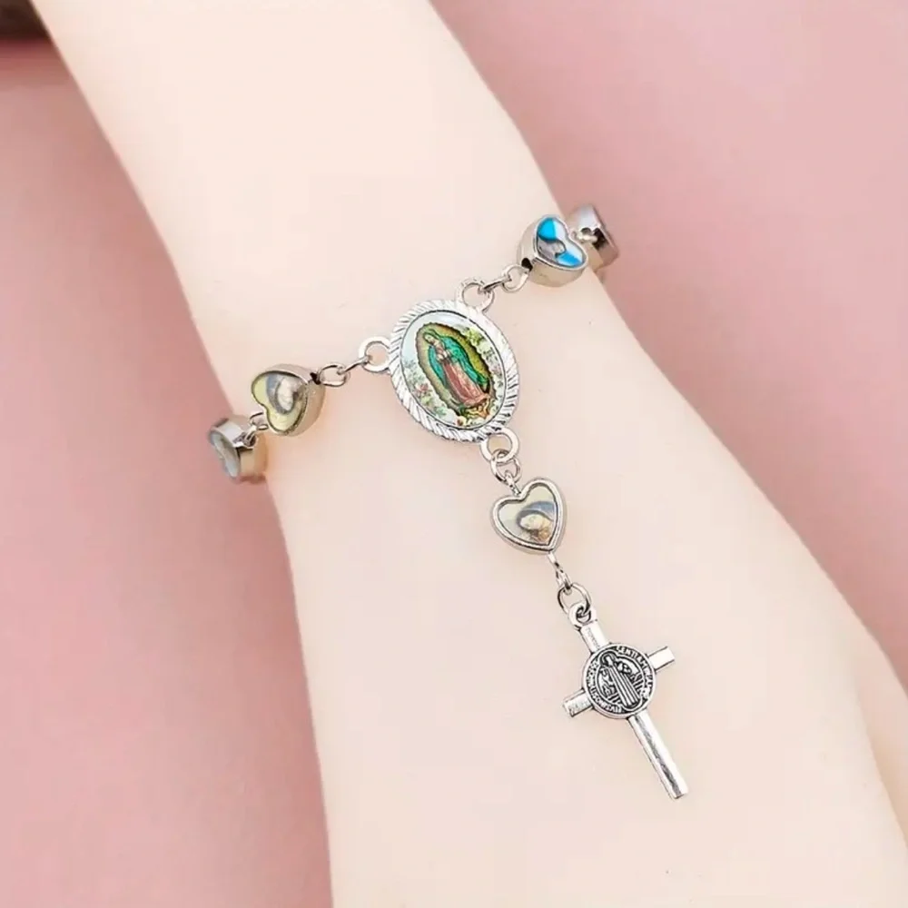 Lovely Heart Shaped Cross Pendant Rosary Bracelet, Virgin Charm Silver Plated‎